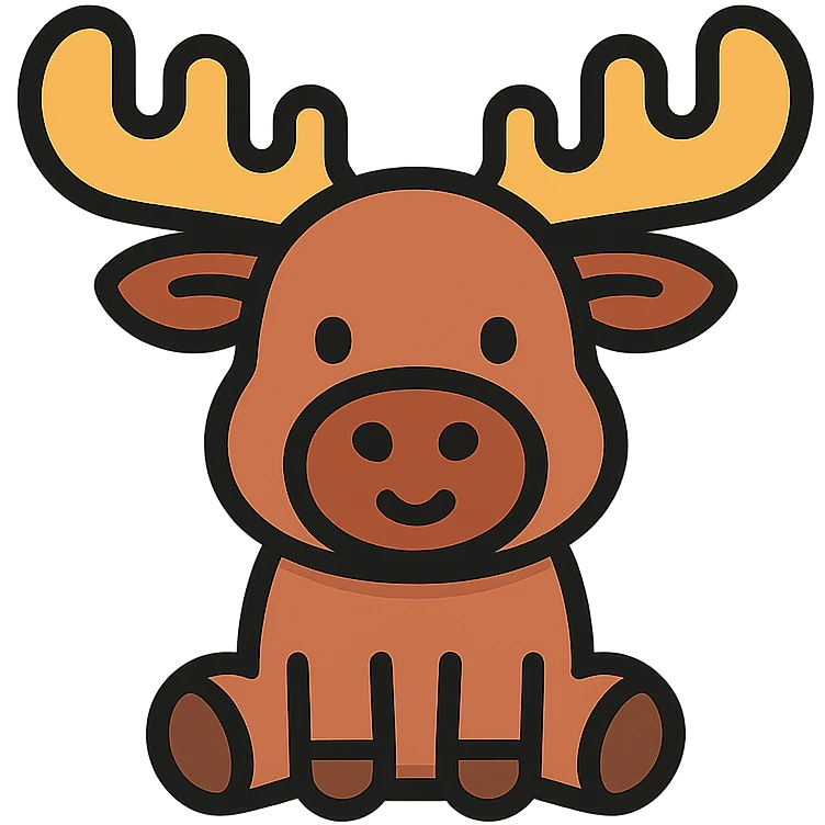 cute cartoon moose icon, rounded shapes, friendly expression, large antlers, modern icon style emoji