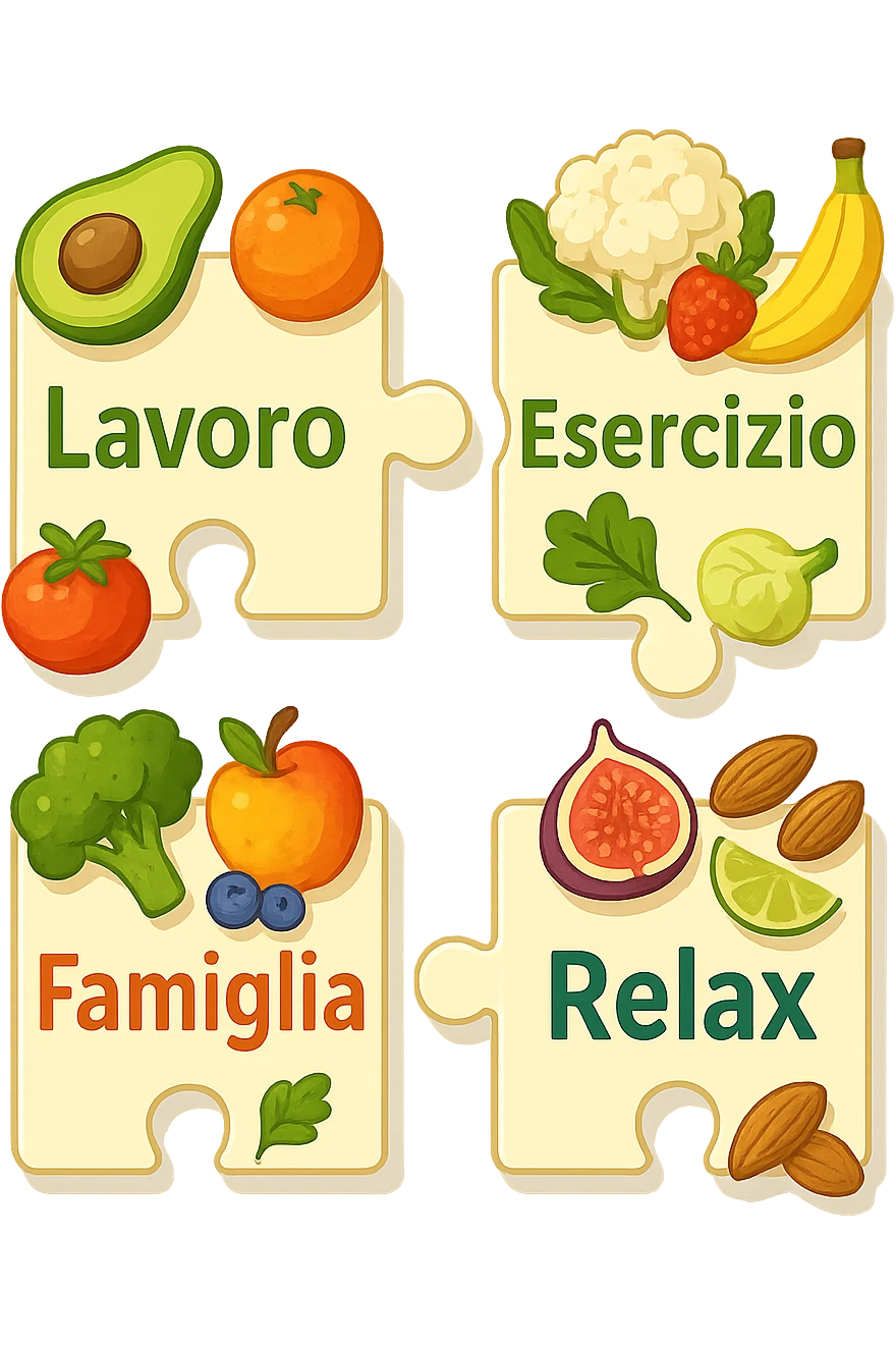 Puzzle (Lavoro, Esercizio, Famiglia, Relax), and healthy foods are integrated into each piece. in italiano emoji