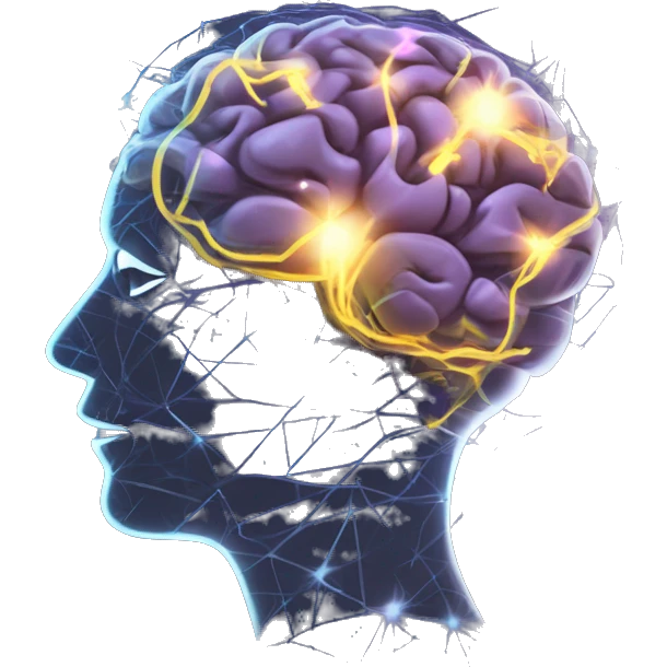 An image of a human head with a glowing brain, surrounded by abstract shapes and light trails, symbolizing thought and intellect emoji