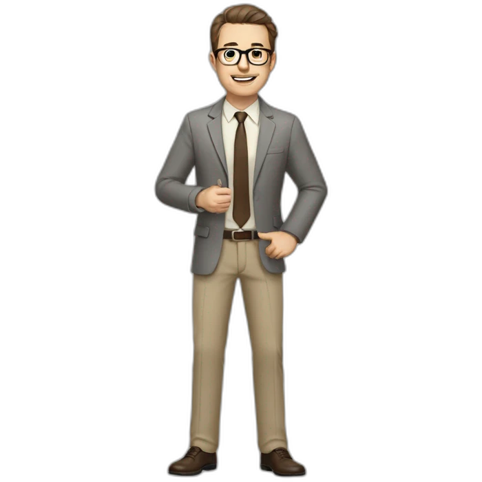 Full height Actively gesturing with hands Pale skinned fit man with dark brown hair in gray jacket, beige office shirt, brown tie, brown pants and vintage glasses. emoji
