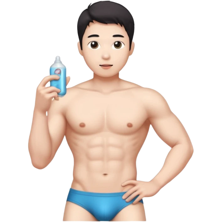 Male shirtless white skin Asian korean six pack sexy big dih lean full body without pants hold condom and jerking off emoji
