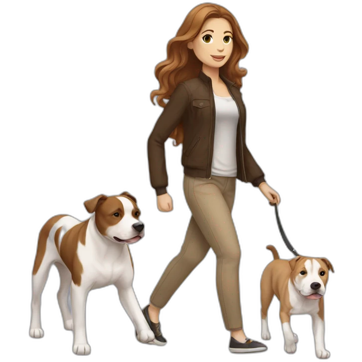 White woman with long wavy brown hair walking tan and white pitbull emoji
