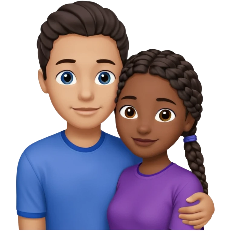 Boyfriend who is medium tan olive skinned with blue eyes and wavy straight brown hair in a blue shirt and his girlfriend who is dark skinned, juicy lipped with black braided hair and the two are hugging and smiling she’s wearing purple and she has black eyes emoji