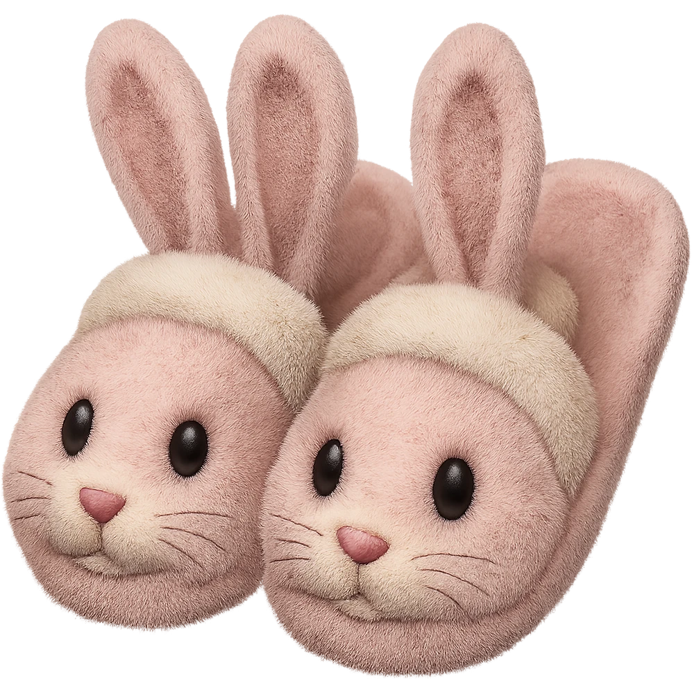 Make the light pink bunny slippers with floppy ears look fuzzy in the style of emoji, with no background. emoji