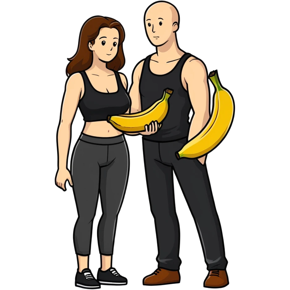  One Caucasia woman with brown hair and big boobs,  a black tank top and pants. A BALD MAN WITH A HIDDEN BANANA SHAPED THING IN PANTS emoji