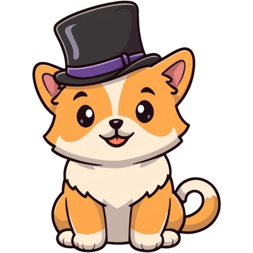 cute small dog with plain light tan fur, black nose, black round eyes, curly fluffy medium length hair, wearing a top hat emoji
