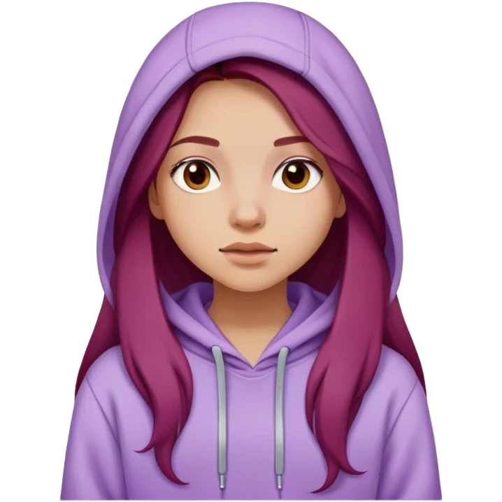 Dark red long hair Girl wearing a lilac colored hoodie  emoji