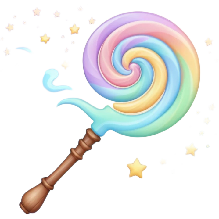 Cinematic cute magical wand, pastel swirls of color, tiny twinkling stars floating around, glowing softly, chubby rounded edges, whimsical and dreamy. emoji