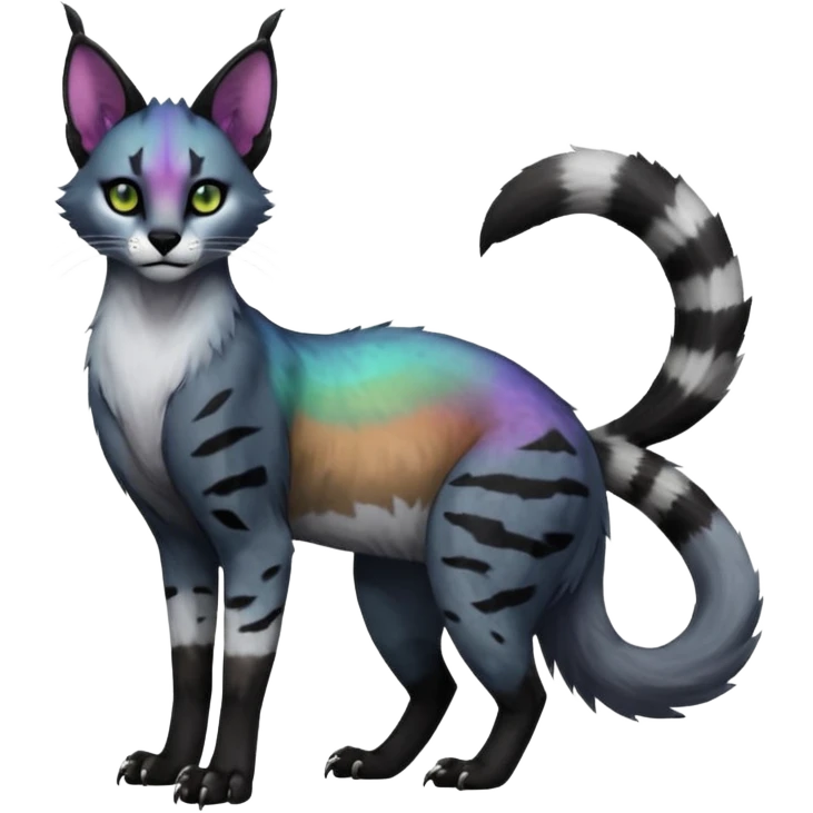 Colorful dark black gloomy spooky pointy foggy smoky points-marked white glorious iridescent divine exotic cute cool beautiful beautiful fantasy-caracal-civet-genet-sergal-vernid-Cacomistle-Trico-oncilla-animal-Fakémon-hybrid-fursona (full body) emoji