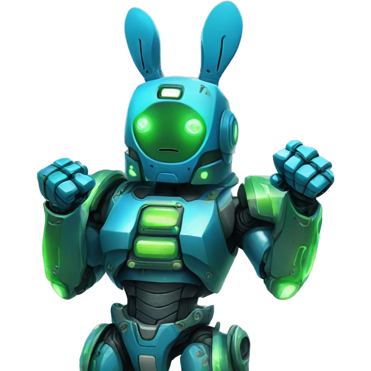 a blue and green robot rabbit has a fist in the air, cyberpunk emoji