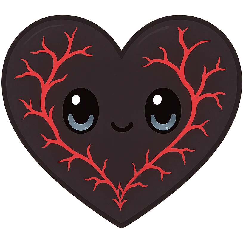 black gothic heart with glowing red veins, ornate, dark, elegant, kawaii style emoji