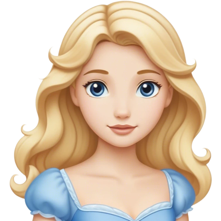 Cinematic Serene Cinderella Portrait Emoji, rendered in a realistic, vector-style with minimal shading. Depict a gentle Cinderella (chest and above) with porcelain skin, smooth blonde hair falling in soft waves, and calm, inviting eyes. Dressed in her modest daytime dress, she exudes quiet grace and pure enchantment, highlighted by a soft glowing outline. emoji