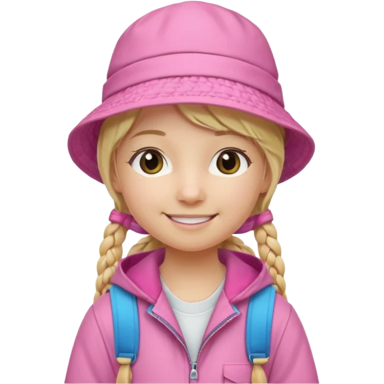 Little student, long braid blonde, wears pink bucket hat and jacket, backpack, happy emoji