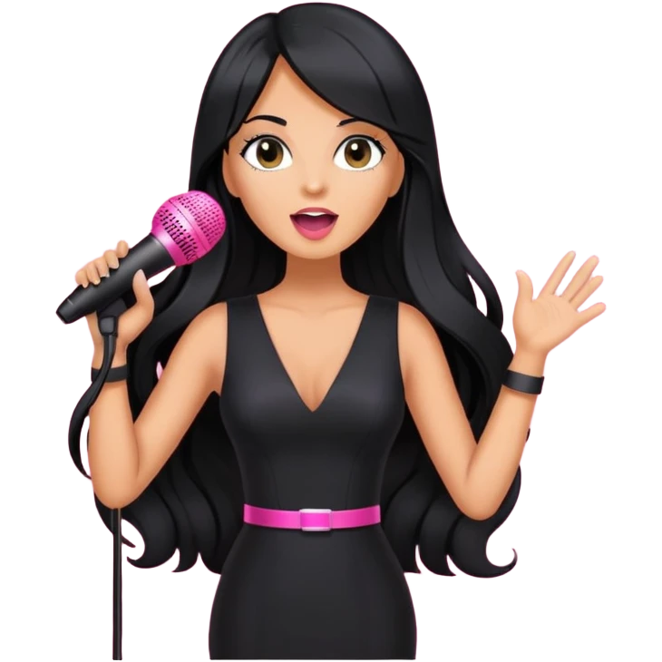 pink microphone, music, singing, long black hair tanned woman, black glam dress emoji