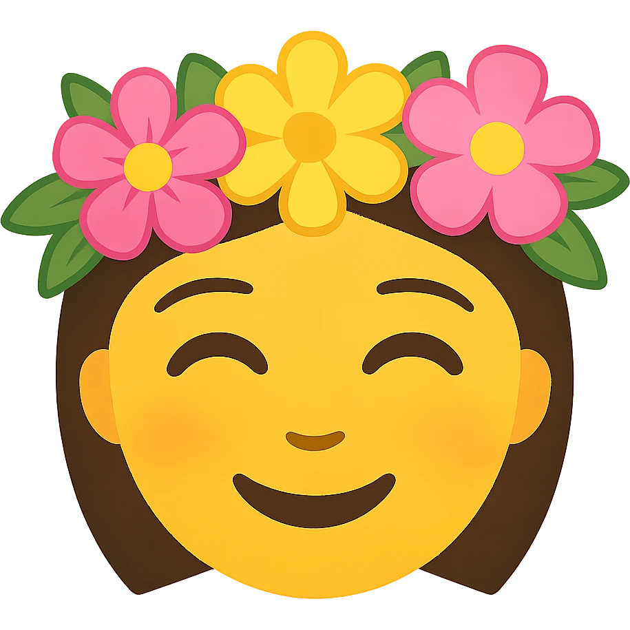 face with flower crown emoji, digital illustration, no background emoji
