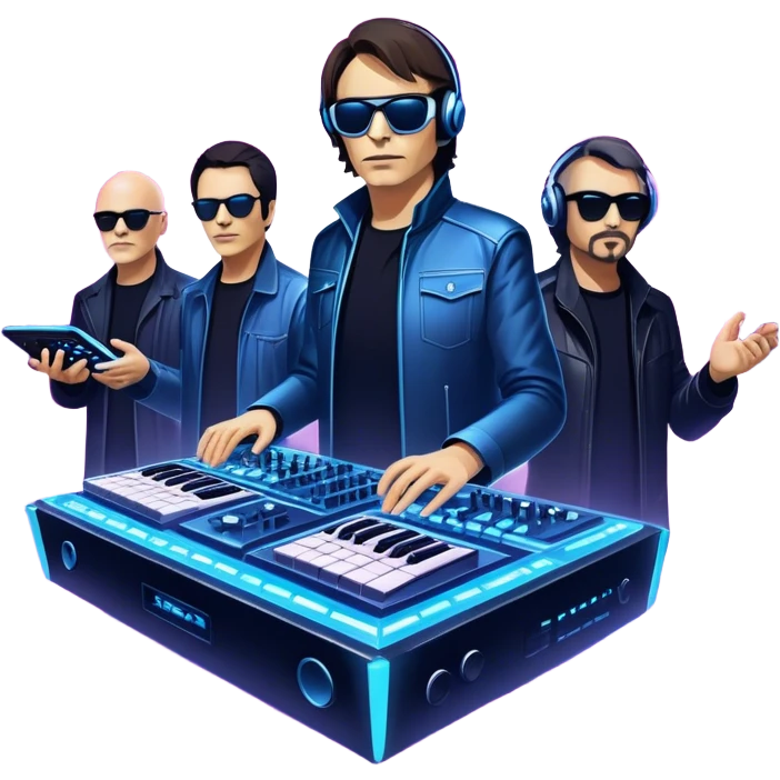 Icon for Electronic Music: Jean-Michel Jarre, Moby, DJ Tiesto, and Jorn van Deynhoven performing with synthesizers, turntables, and futuristic lighting effects. The design should evoke the vibrant and immersive atmosphere of electronic music festivals. Transparent background. emoji