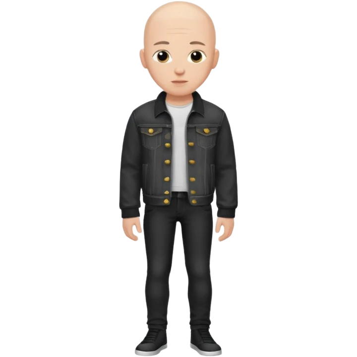  a young man with bald head, black jeans jacket emoji