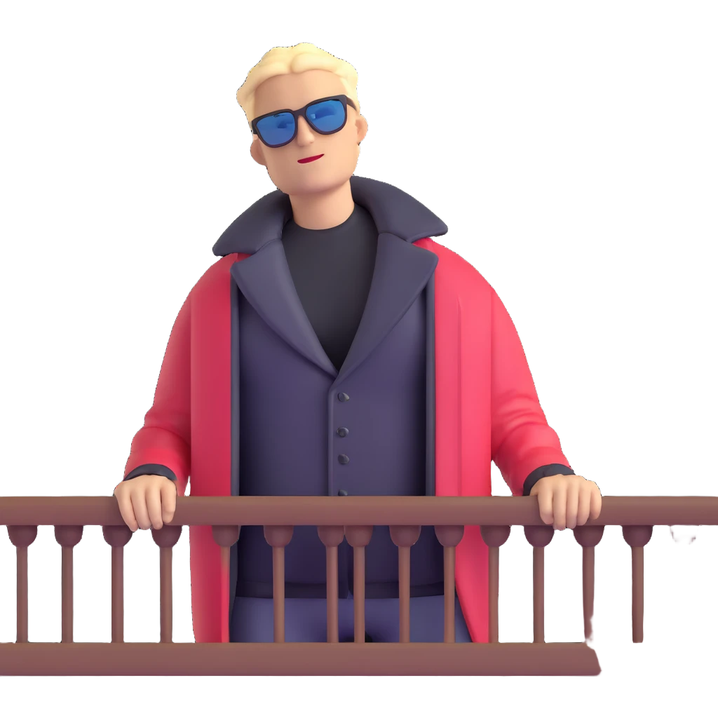 guy on balcony in winter with open jacket showing bare chest, wearing sunglasses, view from below emoji