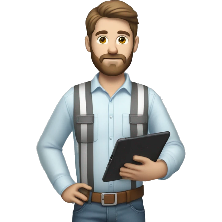 Mid white engineer wearing light blue blouse and black jeans and brown safety shoes and white helmet and he has a slight beard and holding ipad emoji