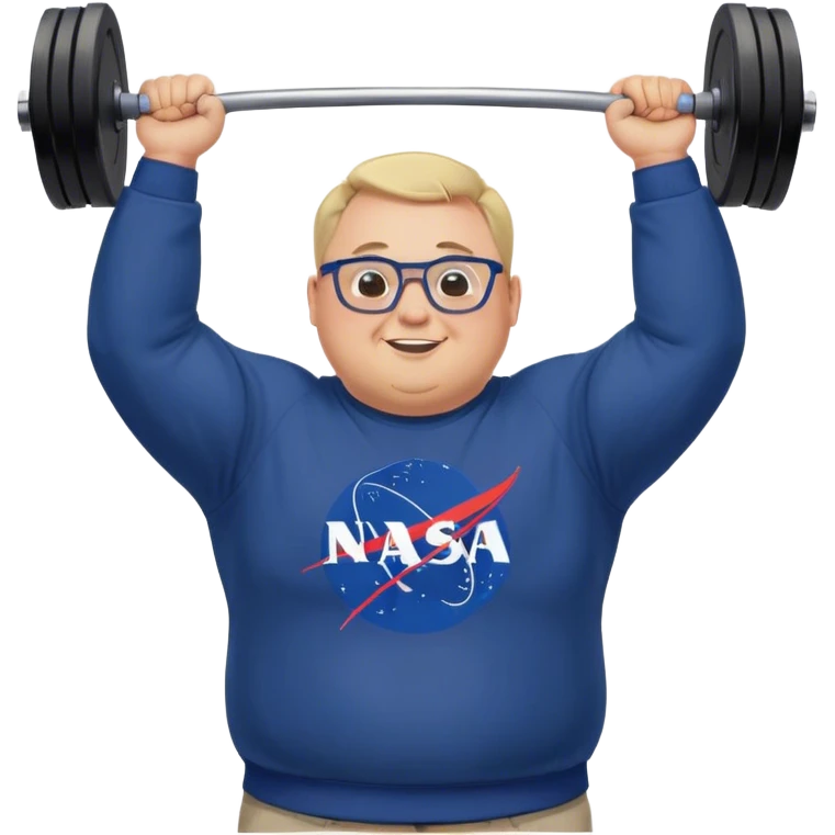 happy chubby man, lifts weights over the head,  blond short and hight receding hairline, wearing a dark blue sweatshirt, nasa logo on the sweatshirt, round glasses without frame, 40 years old emoji