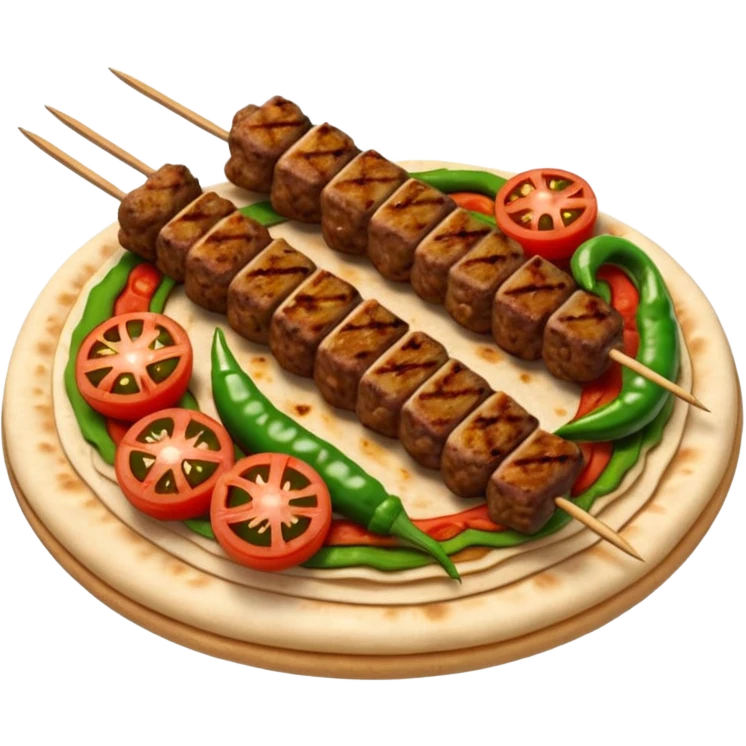 Adana kebab object icon, spicy grilled minced meat skewer, served on flatbread, grilled tomatoes and green peppers on the side, smoky char marks, juicy texture, 3D cartoon, mobile game icon style, centered, clean background, no text, no watermark
 emoji
