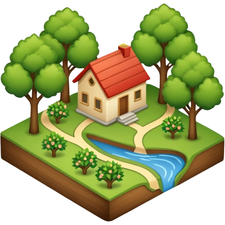An icon featuring a local map, symbolizing local gardening. The design includes a different trees, and 1 tiny wooden house, representing the unique geography and culture of a specific area. Transparent background highlights the exploration of local history and environment. emoji