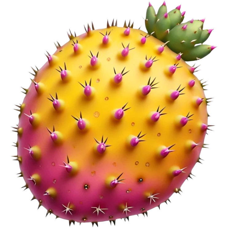 one whole prickly pear fruit with slightly oval shape, smooth skin dotted with tiny subtle spines, skin color vibrant pink to yellow-orange, halved version reveals vivid magenta or golden pulp speckled with small seeds, no cactus pads, knife, or extras, soft lighting, subtle shadows, emoji scale emoji