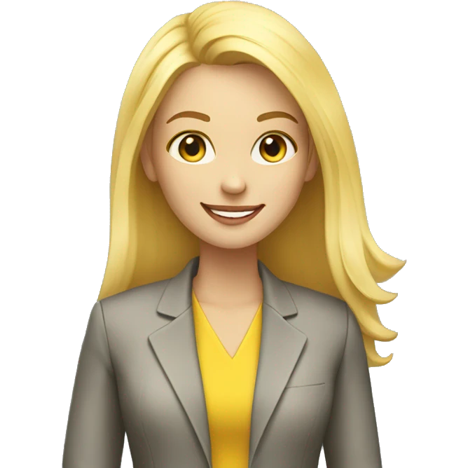 a beautiful girl wearing a yellow suit jacket. she has straight and blonde hair and she is smiling. she has a laptop in front of her emoji