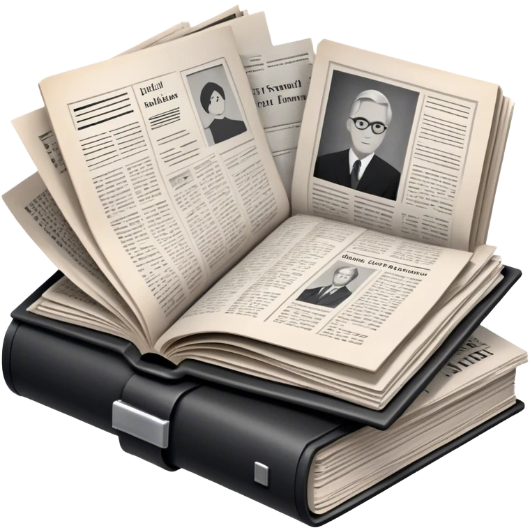 Icon for Non-Fiction & Narrative Reading: an open book with black-and-white photos on the pages, surrounded by a pile of newspaper clippings, and an open folder with top-secret documents. The icon should reflect the blend of real stories and facts in non-fiction literature. Transparent background. emoji