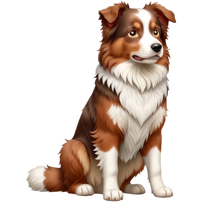 cinematic-[australian shepherd dog]-realistic-full-body-sitting-emoji,-tail-resting-loosely-beside-its-paws,-head-tilted-dramatically,-scruffy-[red merle]-fur,-simplified-yet-realistic-focused-features,-highly-detailed,-glowing-with-an-almost-sarcastic-glow emoji