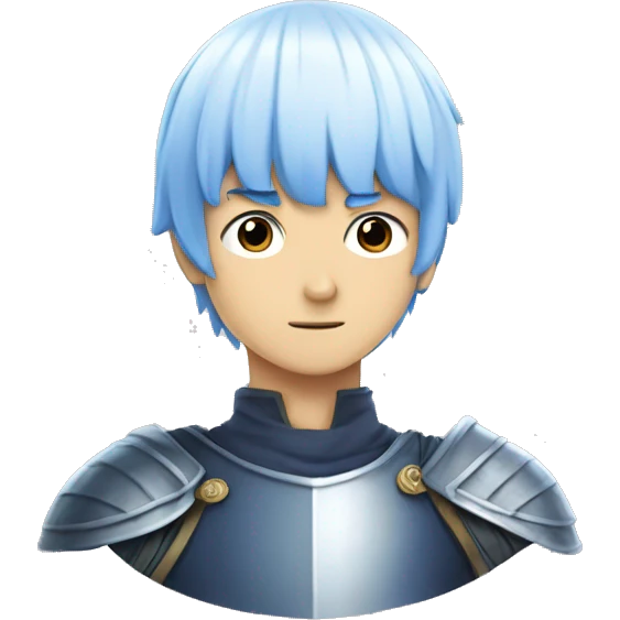 Himmel from the anime Frieren. He has blue bowl cut hair. He's white. He's a knight. He has elongated eyes. He has blue eyes. His skin is white. emoji