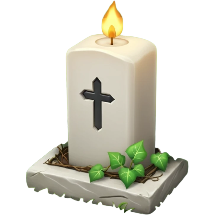 Gravsten med lite ivy som klättrar på den och framför i gräset på marken ett stående vitt brinnande blockljus emoji