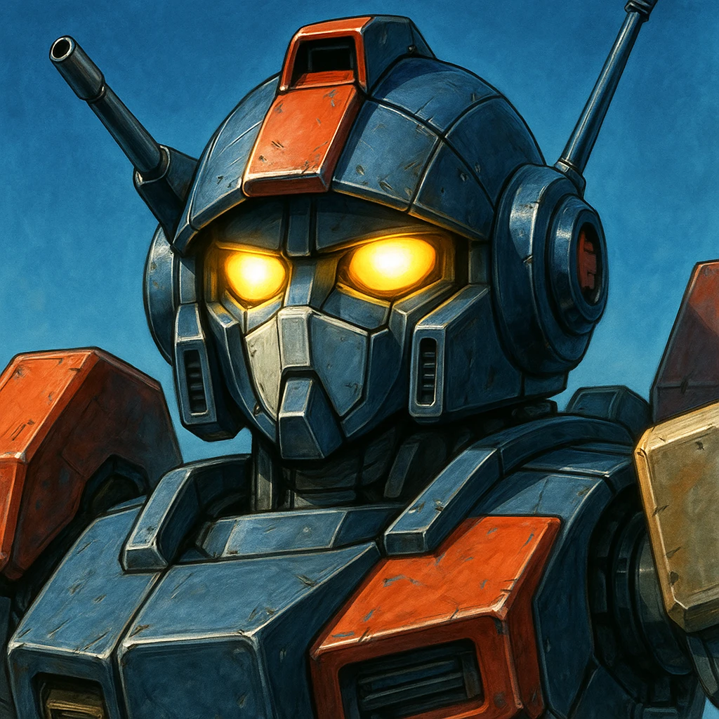 HI-METAL R Dougram, close-up, head and shoulders, glowing eyes, metallic finish, anime style emoji