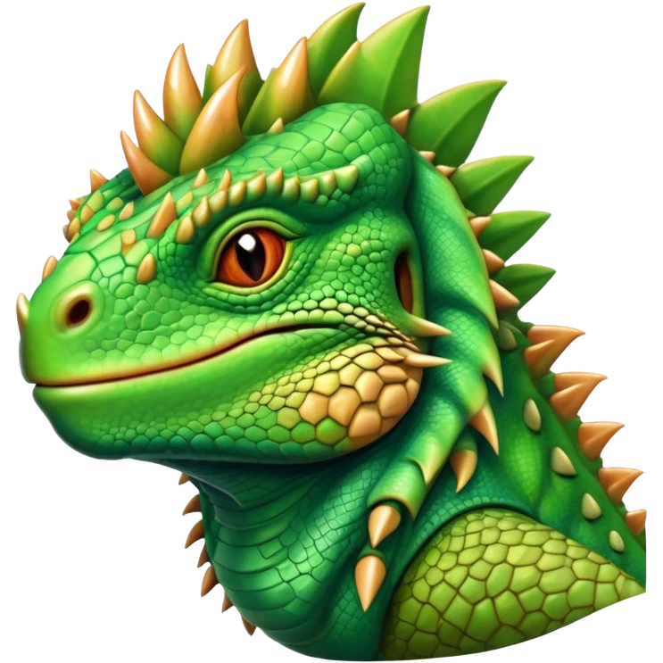 Cinematic Noble Iguana Portrait Emoji, Poised and majestic, with a robust, muscular build and a vibrant, scaly body accented by a prominent spiky crest and keen, observant eyes, Simplified yet sharp and sophisticated features, highly detailed, glowing with a soft, jungle radiance, high shine, intelligent and formidable, stylized with an air of ancient reptilian authority, focused and commanding, soft glowing outline, capturing the essence of a watchful guardian that appears ready to stride out of the screen with effortless might! emoji