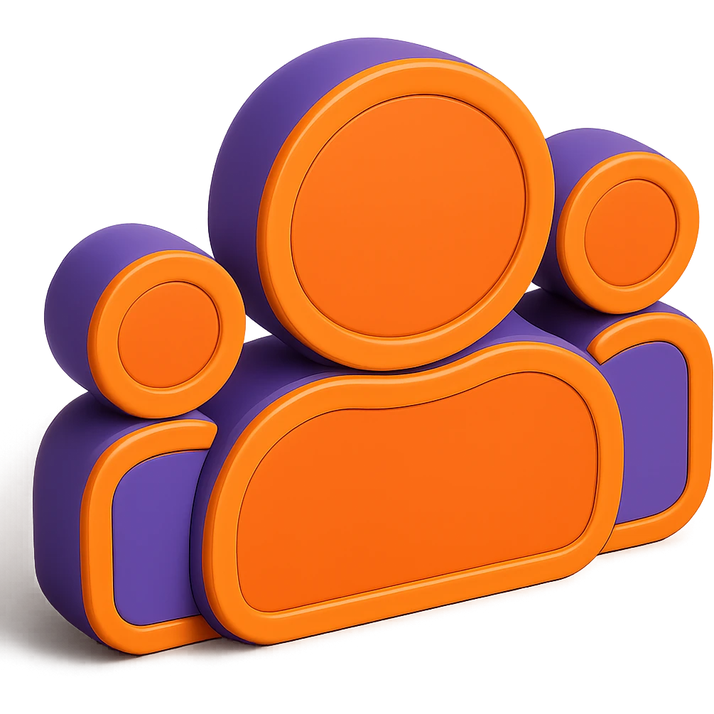 Change the border of the silhouette to orange #fe6601 instead of white, keep the 3D dimension in purple #7f0ddb and the front part orange #fe6601, with a strong 3D effect, transparent background. emoji