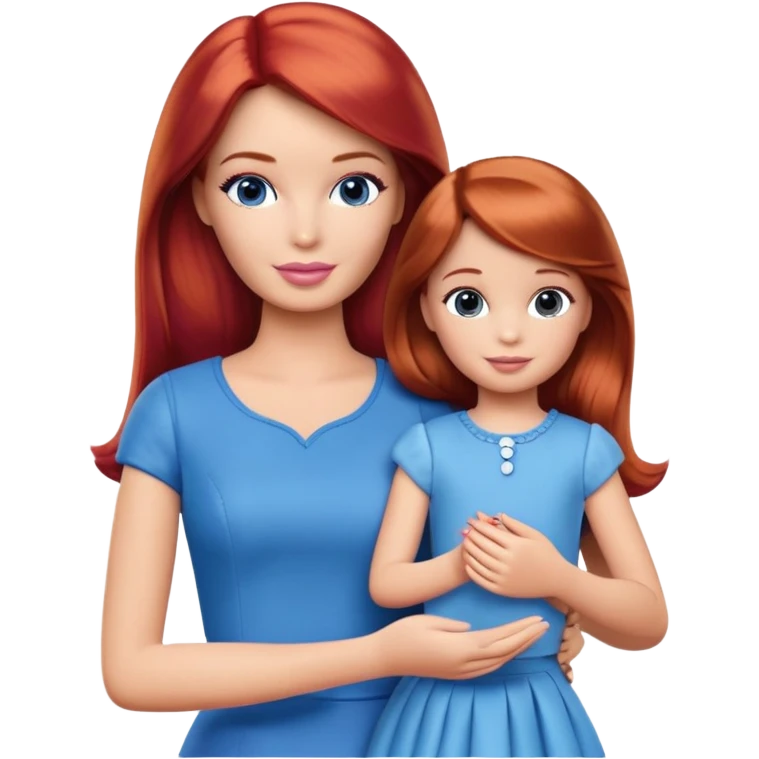 A barbie girl with makeup with brown hair with a child, a daughter, a girl with red hair, holding her hand in blue clothes and a husband, a man with brown hair, a family emoji