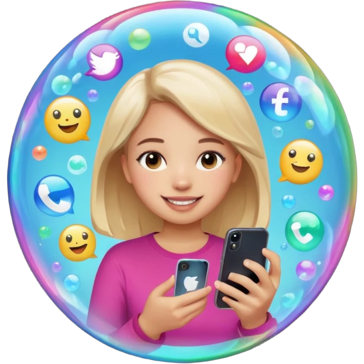 a girl inisde a buble watching her phone and put apps floading around do tik tok instagram and snapcjat emoji