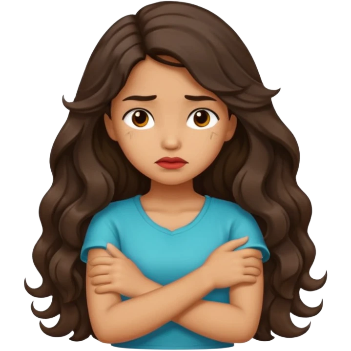 Hispanic girl with long dark wavy hair crossing her arms while pouting  emoji
