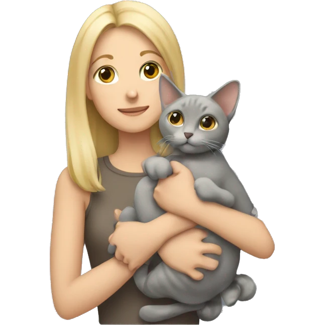 blonde girl holding a gray fold-eared cat in her arms emoji