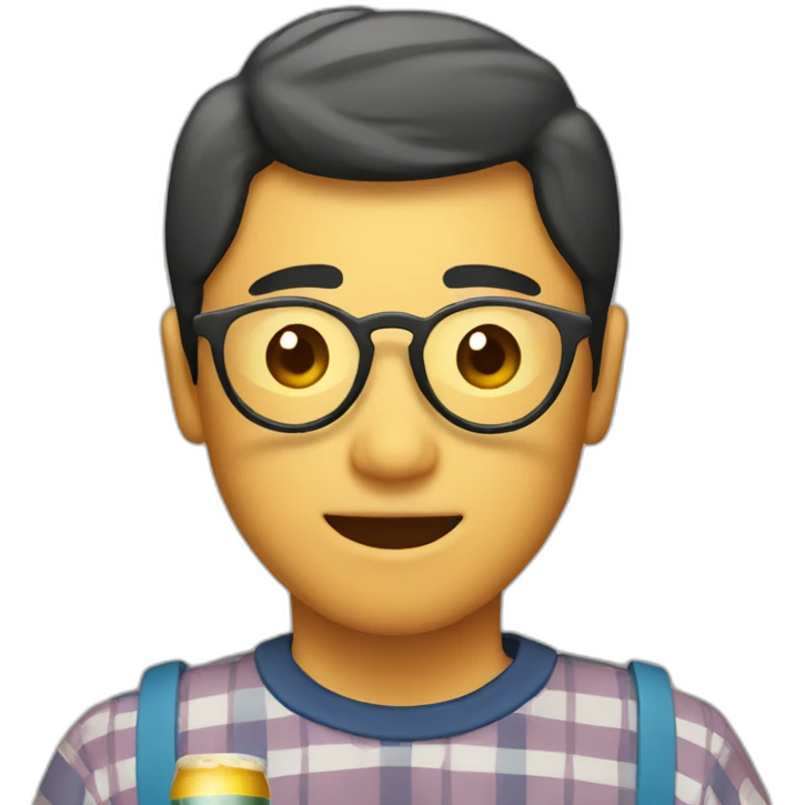 Japanese wearing roundglasses alohashirt is holding beer emoji
