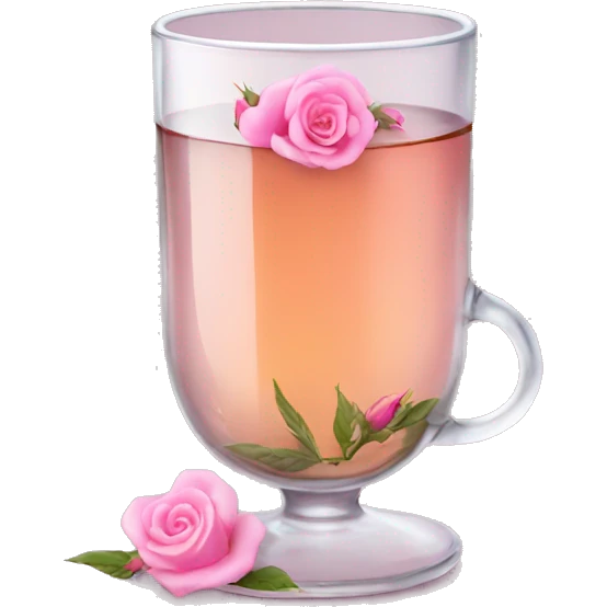 glass of tea with tiny pink rosebuds inside small emoji
