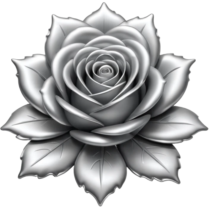 A rose emoji made of liquid silver metal, smooth metallic petals, reflective chrome surface, soft gradients, elegant shape, minimalistic iOS emoji style, centered, clean white background, realistic highlights, no text emoji