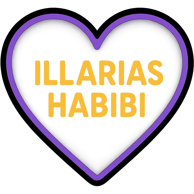 black heart with a purple outline, featuring the words 'Illarias Habibi' in the center emoji