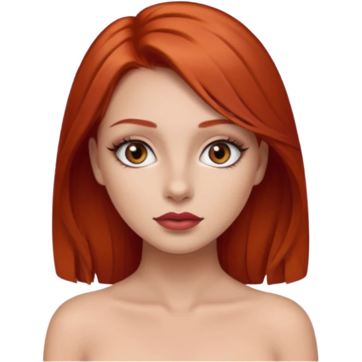 una chica con los labios con pintalabios nude y los ojos maquillados, de piel blanca con el pelo liso y por debajo de los hombros y pelirrojo, ojos marrones emoji