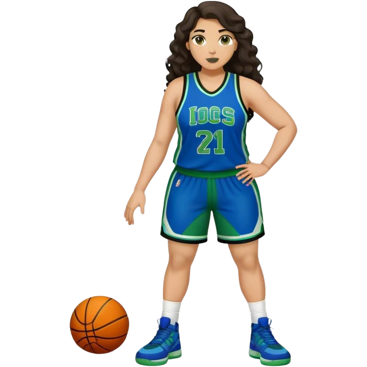 full body plus size light skin latino women basketball player with wavy dark hair large widenose wearing blue and green uniform emoji