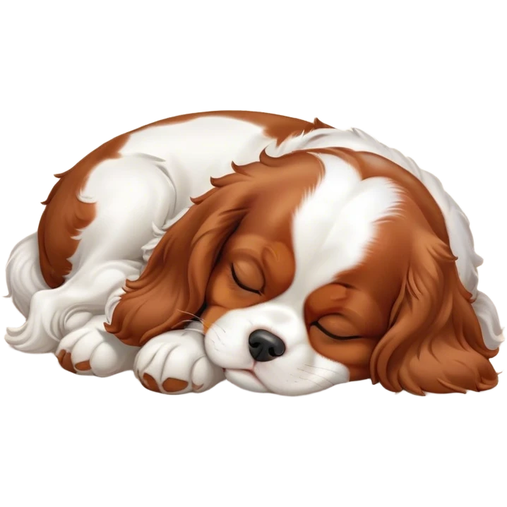 Cinematic Meme-Worthy cute Sleeping Cavalier King Charles Spaniel Portrait Emoji, Head resting peacefully with a contented smile, showcasing a delightfully cute build and a luxuriously soft coat of chestnut and white, eyes shut in a serene nap, Simplified yet hilariously adorable features, highly detailed, glowing with a soft, drowsy light, high shine, relaxed and utterly lovable, stylized with an air of playful laziness, bright and heartwarming, soft glowing outline, capturing the essence of a comically sleepy Cavalier King Charles Spaniel, so meme-worthy it feels like it could instantly become the next viral sensation of adorable slumber! emoji
