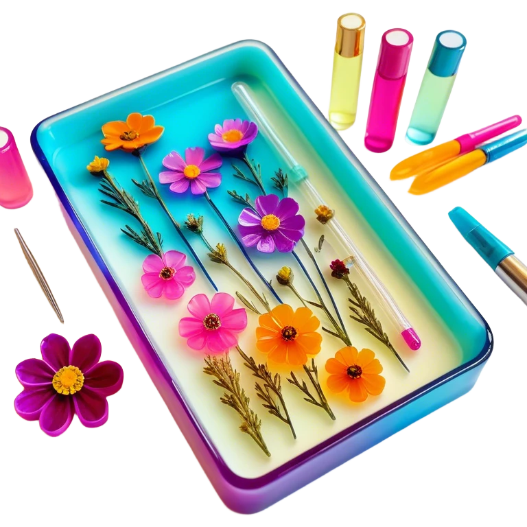 Epoxy resin art icon, jewelry and decorative items made with fluorescent epoxy resin, glowing effect on the resin, finished resin jewelry with dried flowers embedded inside, visible tubes of resin with bright colors, mixing tools, and molds, minimalistic style, clean lines, transparent background emoji
