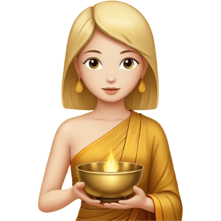 A woman holds a Buddhist bowl in her hands. There is a glow around the girl. emoji