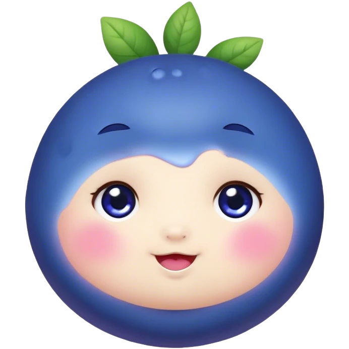 Cute Kawaii Blueberry, small and chubby, deep blue-purple with a tiny leafy crown, bright sparkling eyes, a soft round body, cute blushing cheeks, full of berry sweetness! emoji