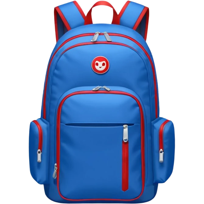 blue backpack with two diveded logo (leftside white, right side red) at the bottom pocket

 emoji